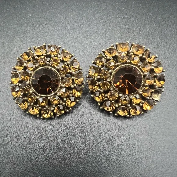 VTG 50'S SIGNED WEISS AMBER ORANGE AB RHINESTONE CLUSTER CLIP-ON EARRINGS - Picture 1 of 5